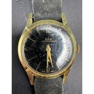 Vtg REX Swiss Made Shock Resistant Antimagnetic Aluminum Gold Tone Black Dial